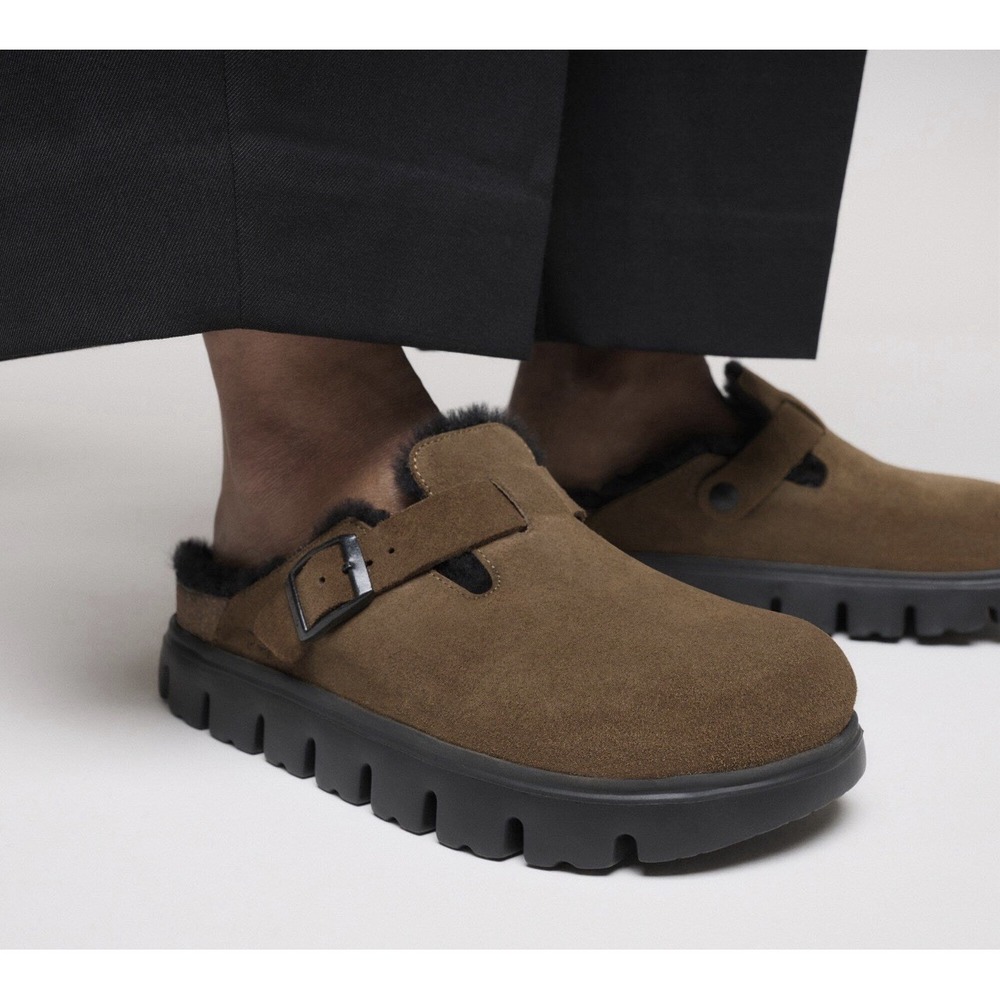 Birkenstock Papillo Sze 41 M8W10 Narrow Boston Chunky Shearling Suede Dark Tea